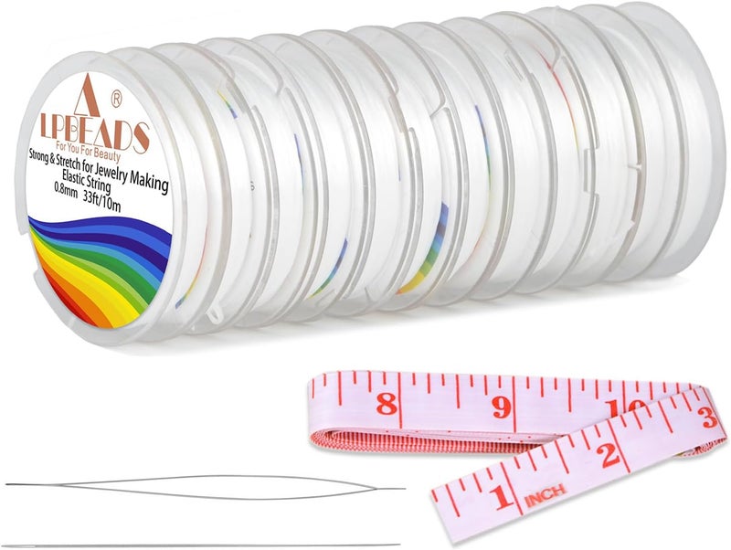 LPBeads 12 Rolls 0.8mm Elastic Stretchy String Cord for Bracelet Jewelry Making with Beading Needles and Ruler - Image 1